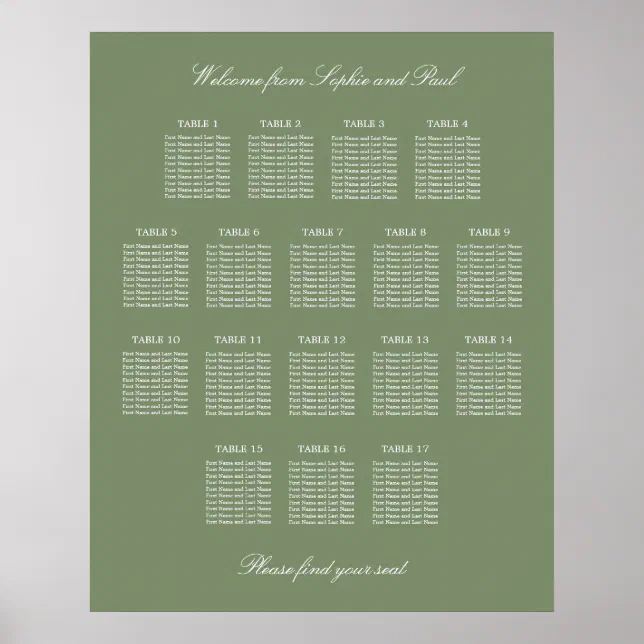 Sage Green 17 Table Wedding Seating Chart Poster