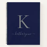 Modern Navy Blue Silver Monogram Name Notebook