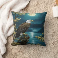 Eagle Perched Beneath Full Moon Over River Throw Pillow