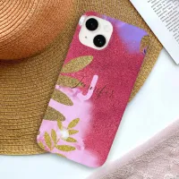 Chic Pink Glam Shimmering Glitter And Gold Leaves  Case-Mate iPhone 14 Case