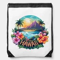 Hawaii Aloha Tropical Beach Mountains Travel White Drawstring Bag