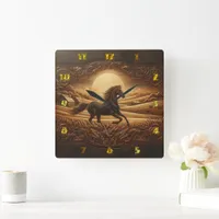 Sunset Horse in Serene Landscape Square Wall Clock