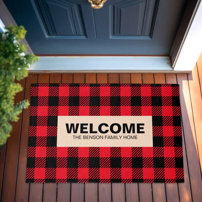Personalized Welcome Family Home Modern Plaid Door Outdoor Rug (2)