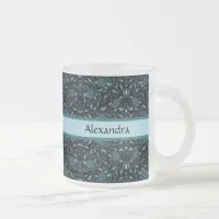 Elegant Flowery Black and Teal Damask Frosted Glass Coffee Mug