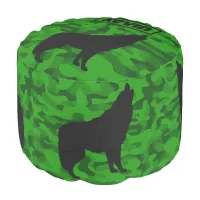 Modern Green Camo Black Wolf Silhouette Monogram | Pouf