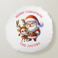 Cute Santa and Reindeer Personalized Christmas Round Pillow