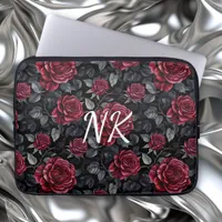 Burgundy Roses with Black Background Monogrammed Laptop Sleeve