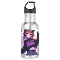 Pretty Anime Girl in Headphones with Cat Ears Stainless Steel Water Bottle