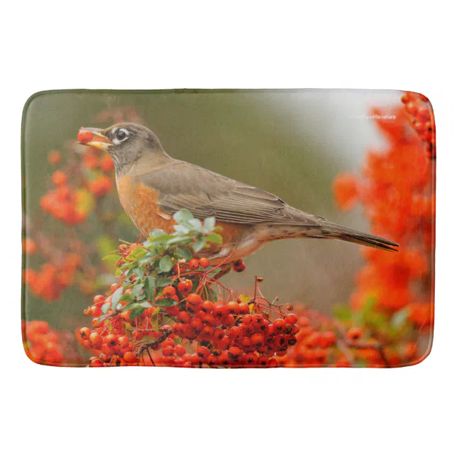 American Robin with a Pyracantha Pomme Bathroom Mat