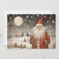 Cheerful Whimsical Santa Claus in a Snowy Village Holiday Card