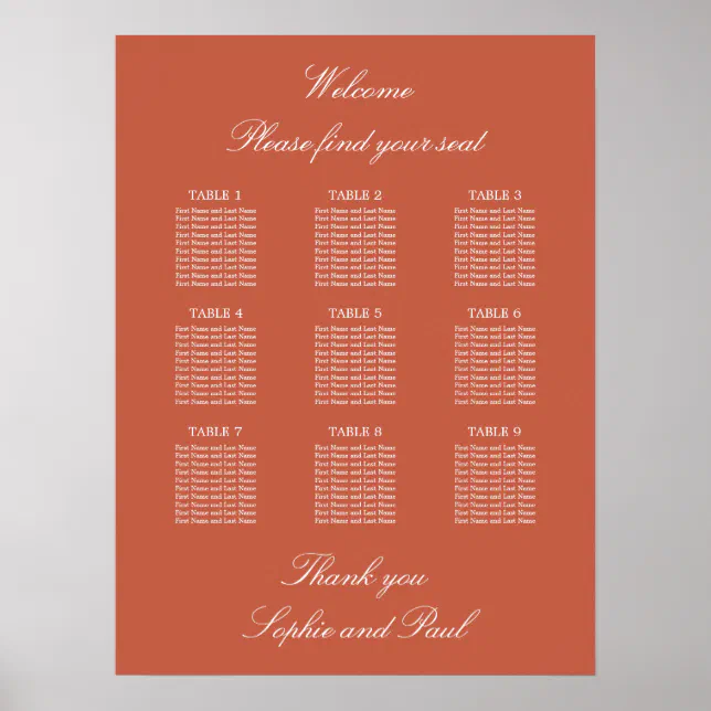 Terracotta 9 Table Wedding Seating Chart Poster