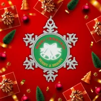 Green, Red & Gold Merry Christmas | Snowflake Pewter Christmas Ornament