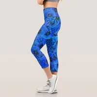 Dahlias in royal blue - floral design, capri leggings