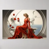 Lady in a red dress in a white room painting poster