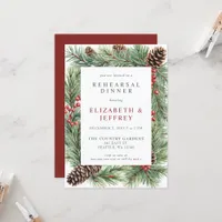 Holly Berries Pine Cone Christmas Rehearsal Dinner Invitation