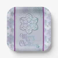 Merry Christmas Snowflakes Iridescent Blue Purple Paper Plates