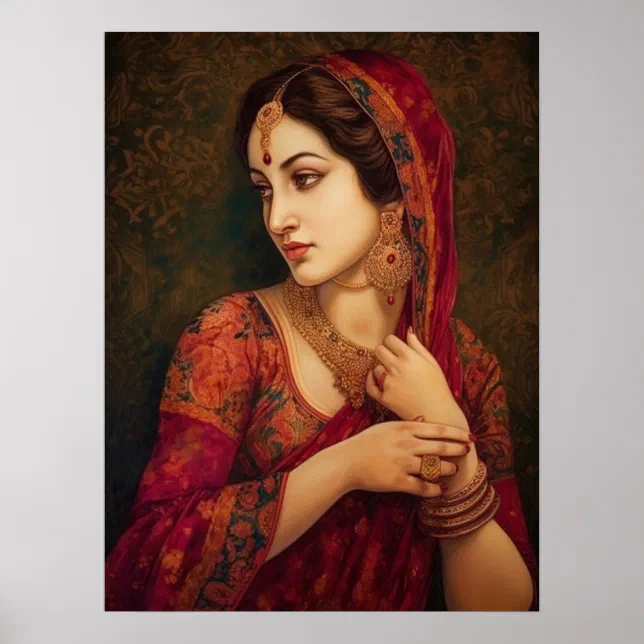 Indian Woman in Red Saree Portrait Painting Poster