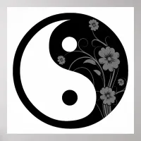 Black Floral Yin Yang Symbol Poster