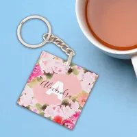 Beautiful Artistic Watercolor Pink Roses With Name Keychain