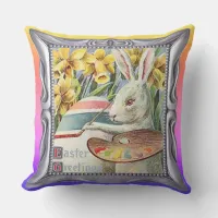 Vintage Easter Bunny Artist Painting an Egg, ZSSG Throw Pillow