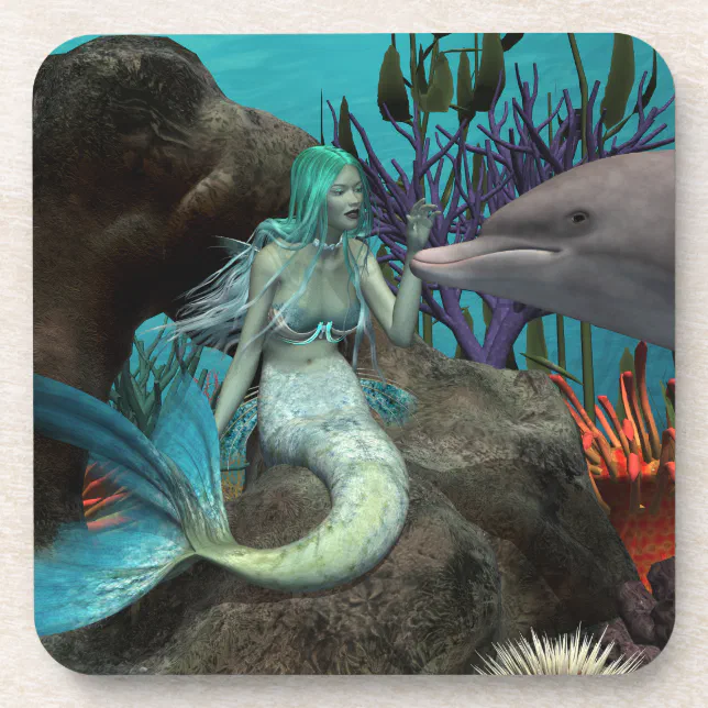 Mermaid and Dolphin Under the Sea Drink Coaster