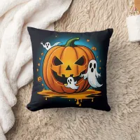 Whimsical Halloween ghosts around a spooky pumpkin Throw Pillow