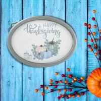 Happy Thanksgiving in blue on white |  Belt Buckle