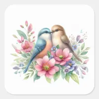 Love Birds in Spring Flowers Square Sticker