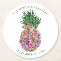 Tropical Floral Pineapple Elegant Wedding Round Paper Coaster