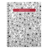 Hand Drawn Floral White Black Pattern & Red Name Notebook