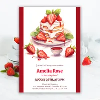 Watercolor Red Strawberry Shortcake Kids Birthday Invitation