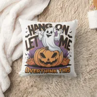 Cheerful Halloween ghost atop a carved pumpkin Throw Pillow