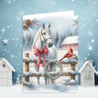 White Christmas Horse and Cardinal Personalized Holiday Card