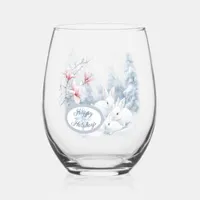 Cute White Rabbits in Snow Winter Holiday Stemless Wine Glass