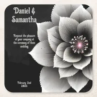 Timeless Elegance: Black & Silver Blossom Wedding  Square Paper Coaster