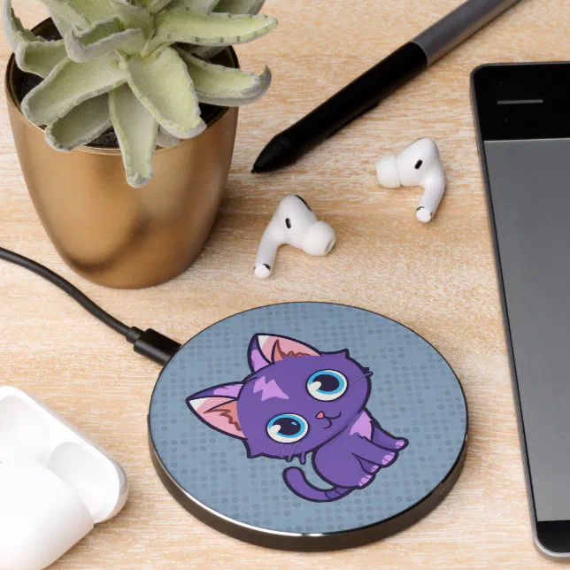 Purple Anime Cat Vector Art Wireless Charger