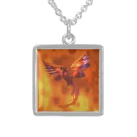 Colorful Phoenix Flying Against a Fiery Background Sterling Silver Necklace