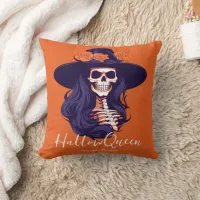 HallowQueen Skeleton Woman Orange Halloween Throw Pillow