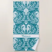 Seahorses Teal Blue White Personalized  Beach Towel