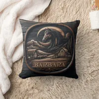 Wooden Carving Featuring Horse and Barn Landscape Throw Pillow