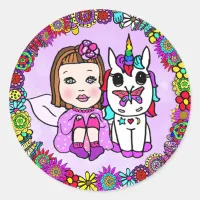 Cute Purple Unicorn and Fairy Floral border Classic Round Sticker