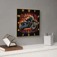 Fierce motorcycle with flames during sunset ride square wall clock