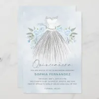 Dusty Blue Silver glitter Floral Dress Quincea&#241;era Invitation