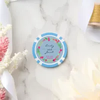 Elegant Pink Floral Wreath Light Blue Wedding Poker Chips