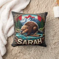 Canadian Beaver by Water With Mountains and Trees Throw Pillow