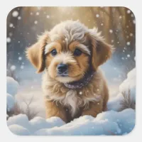 Adorable Christmas Puppy on a Snowy Night Square Sticker