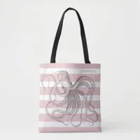 Nautical Vintage Octopus on Coastal Pink Stripes Tote Bag