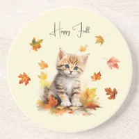 Cute Orange Tabby Kitten in Fall Leaves Coaster