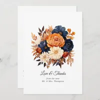 Navy Blue, Burnt Orange & Champagne Floral Wedding Thank You Card