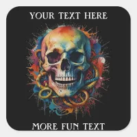 Skull Head with multi-colored Paint Splashes Square Sticker